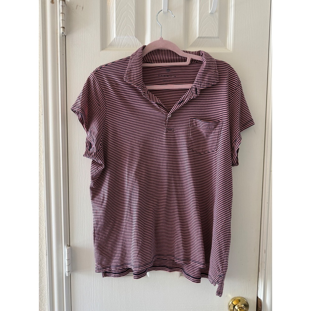 PENWICK Mens XL‎ Striped Polo Shirt Pink Navy Blue Pima Cotton Pocket Casual